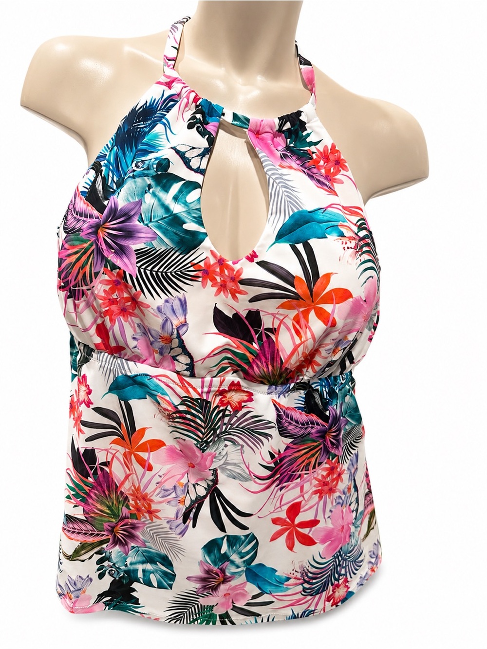 Raisins White Tropical Halter Tankini with Multicolor Floral Print 22W